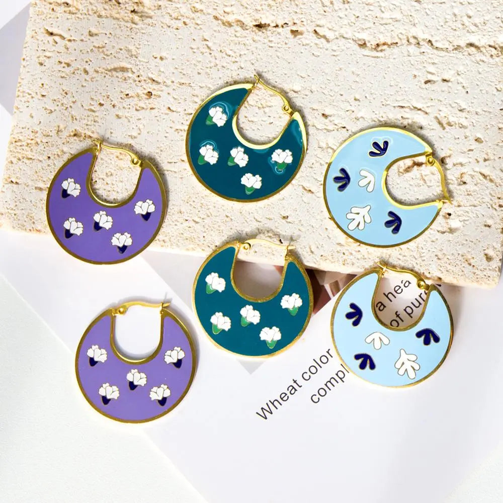Unique Trendy Woman's Hoops Earrings Blue Acrylic Green Purple Earrings Hyperbole Jewelry Floral Circles Earrings asonjewelry